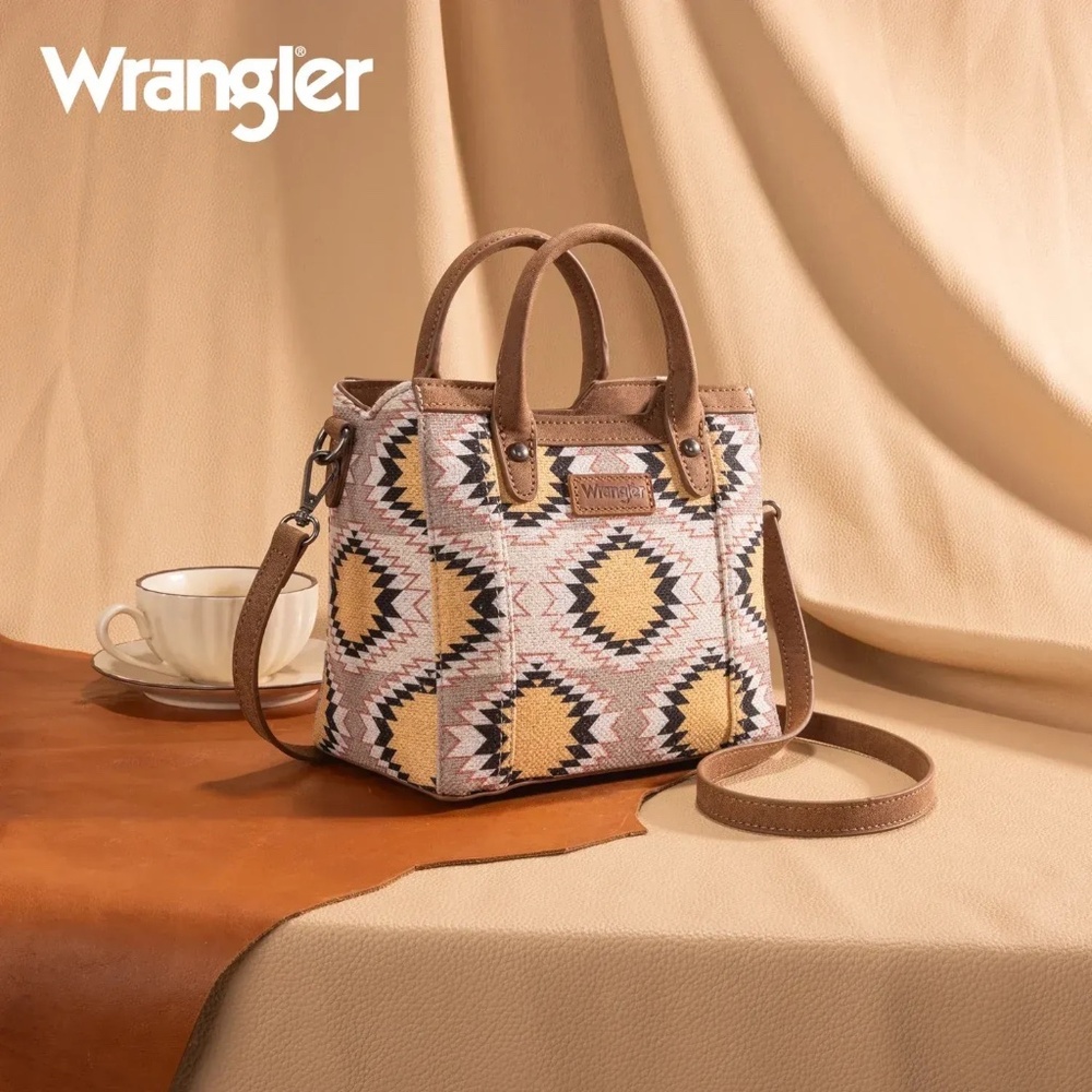 Wrangler Aztec Distressed Print Dual Sided Print Mini Tote/Crossbody -Beige